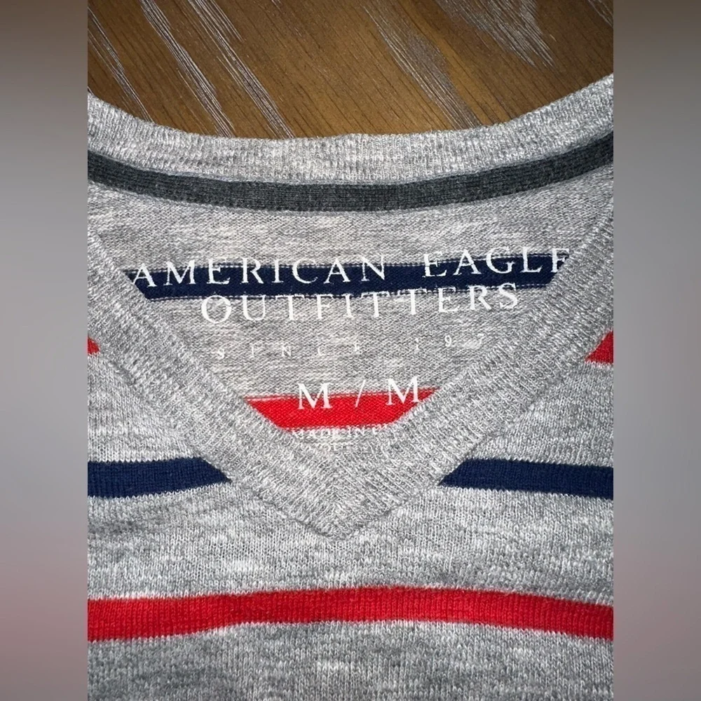 American Eagle Cotton V-Neck Sweater - Grey with Red & Blue Stripes - Size M